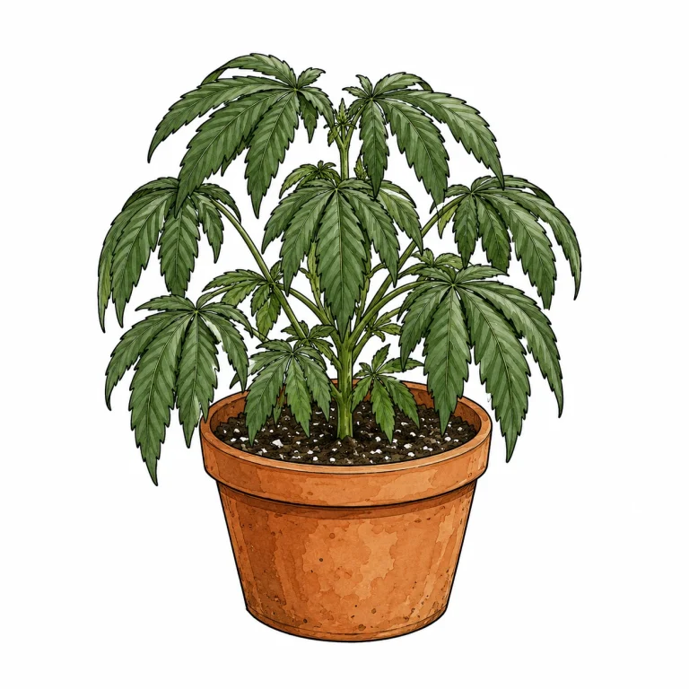 Cannabis Pflanze mit hängenden, dunkelgrünen Blättern als Zeichen von Überwässerung
