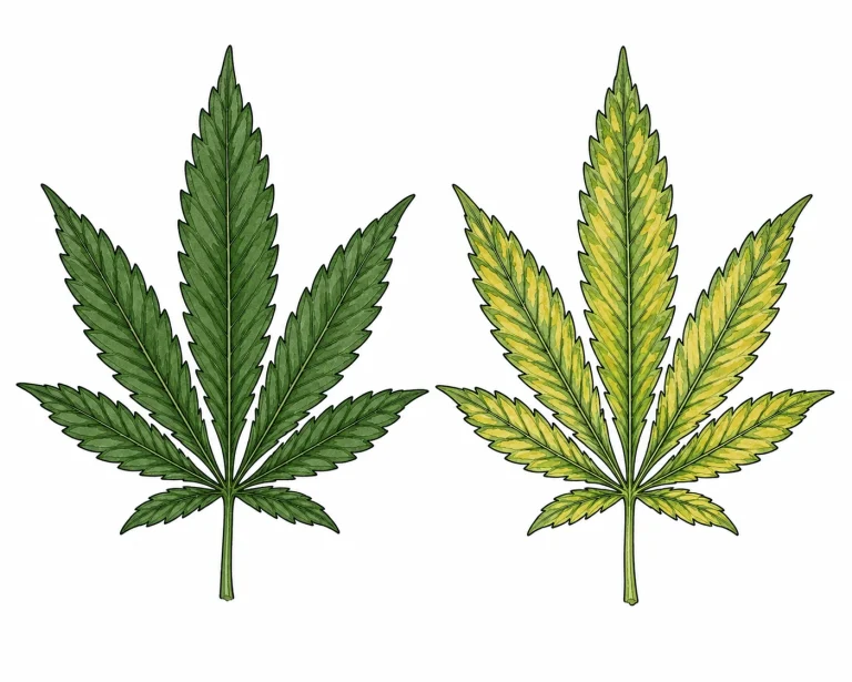 Vergleich zweier Cannabisblätter: links überwässert dunkelgrün hängend, rechts Nährstoffmangel mit Chlorose