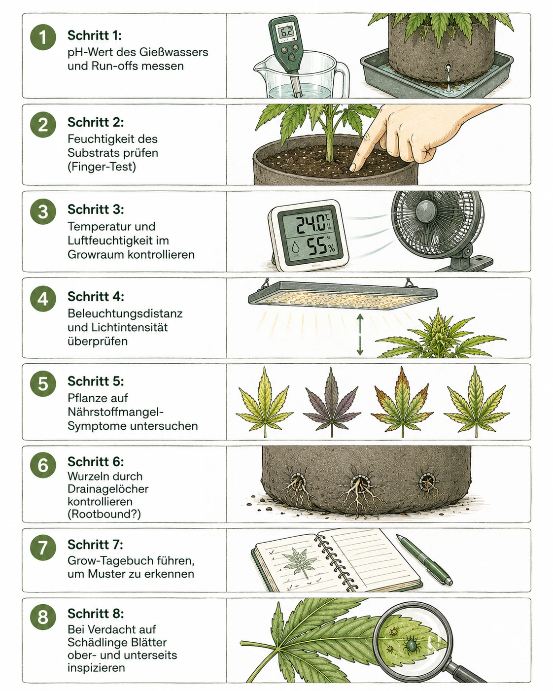 Cannabis Wachstum stagniert Diagnose Checkliste in 8 Schritten