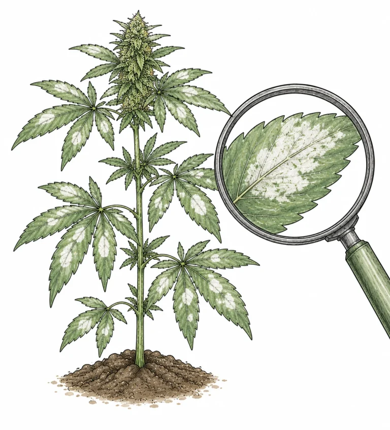 Echter Mehltau Cannabis – weißer Puderbelag auf Blattoberseite