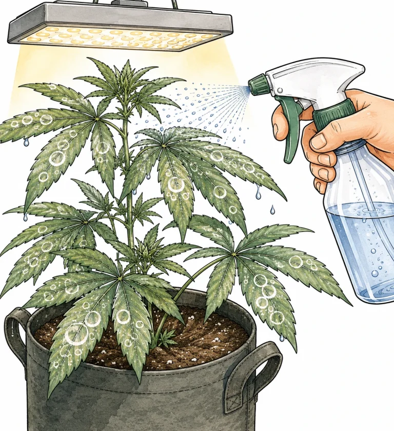 Kalkflecken Cannabis Blätter durch hartes Leitungswasser beim Besprühen