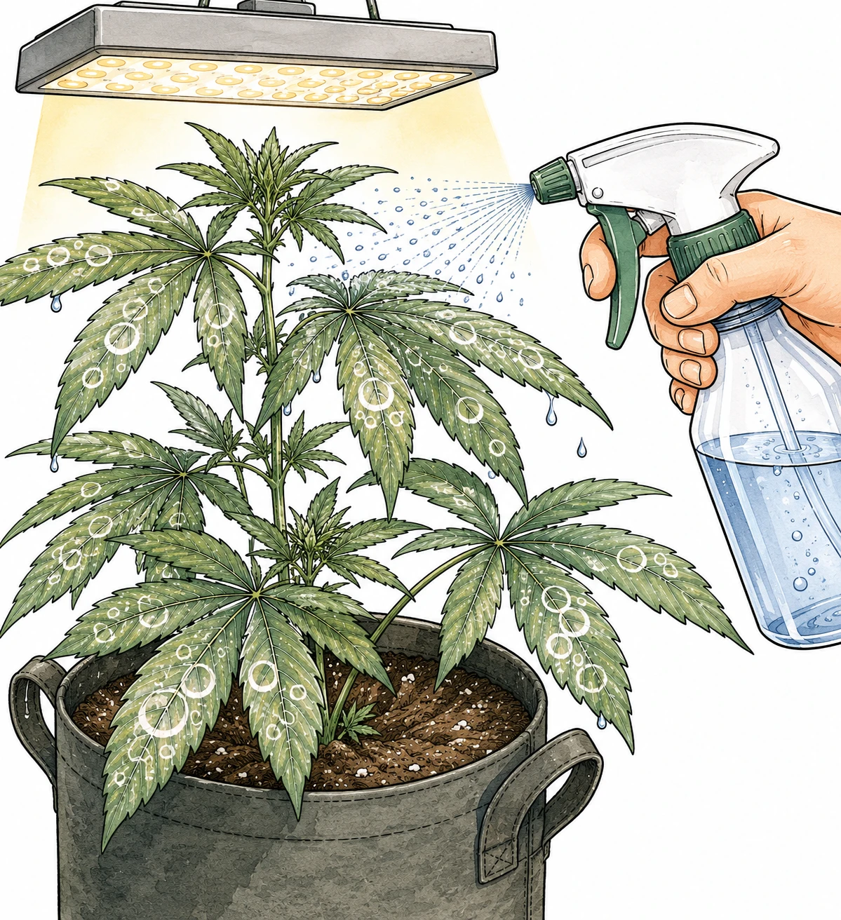 Kalkflecken Cannabis Blätter durch hartes Leitungswasser beim Besprühen