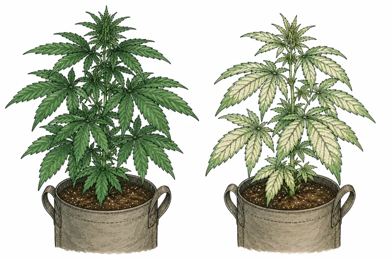 Nährstoffmangel Cannabis Vergleich – gesundes Blatt links, helle Aufhellungen rechts durch falschen pH-Wert