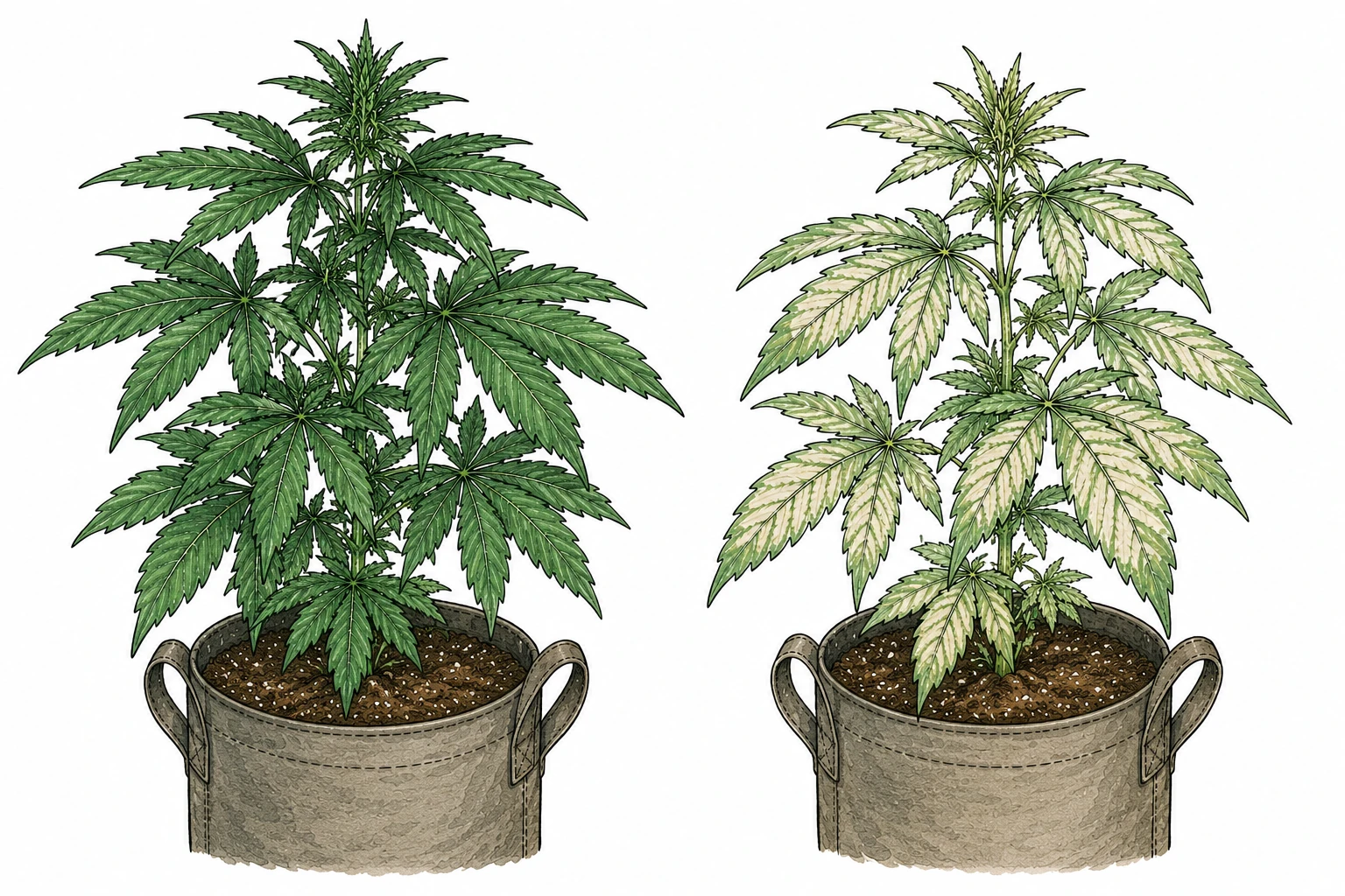 Nährstoffmangel Cannabis Vergleich – gesundes Blatt links, helle Aufhellungen rechts durch falschen pH-Wert
