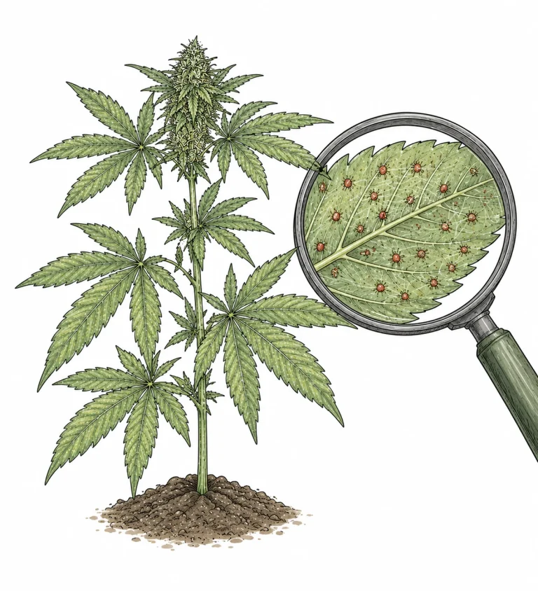 Spinnmilben auf Cannabis-Blattunterseite mit Gespinst – Ursache für weiße Punkte Blätter