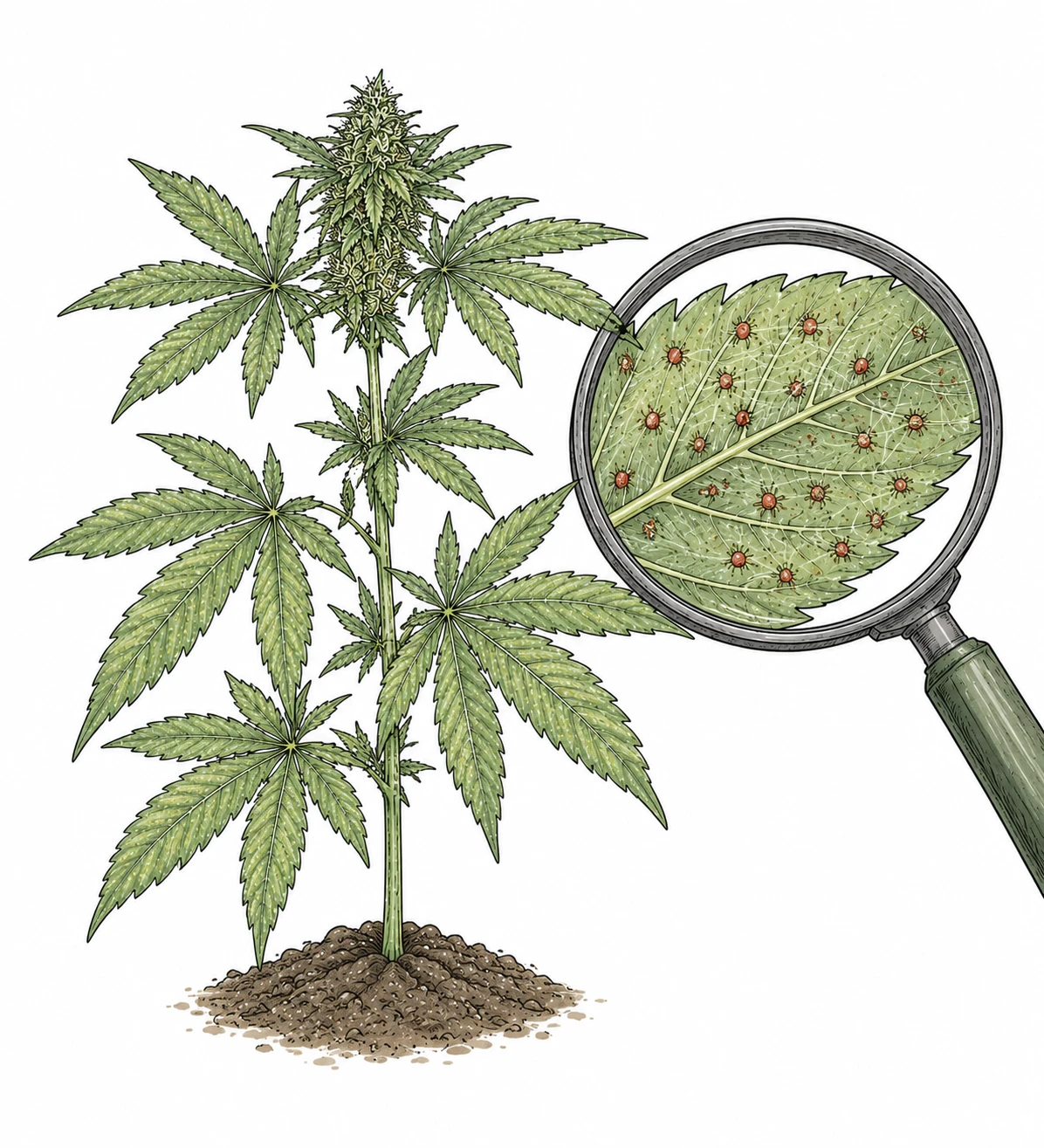 Spinnmilben auf Cannabis-Blattunterseite mit Gespinst – Ursache für weiße Punkte Blätter