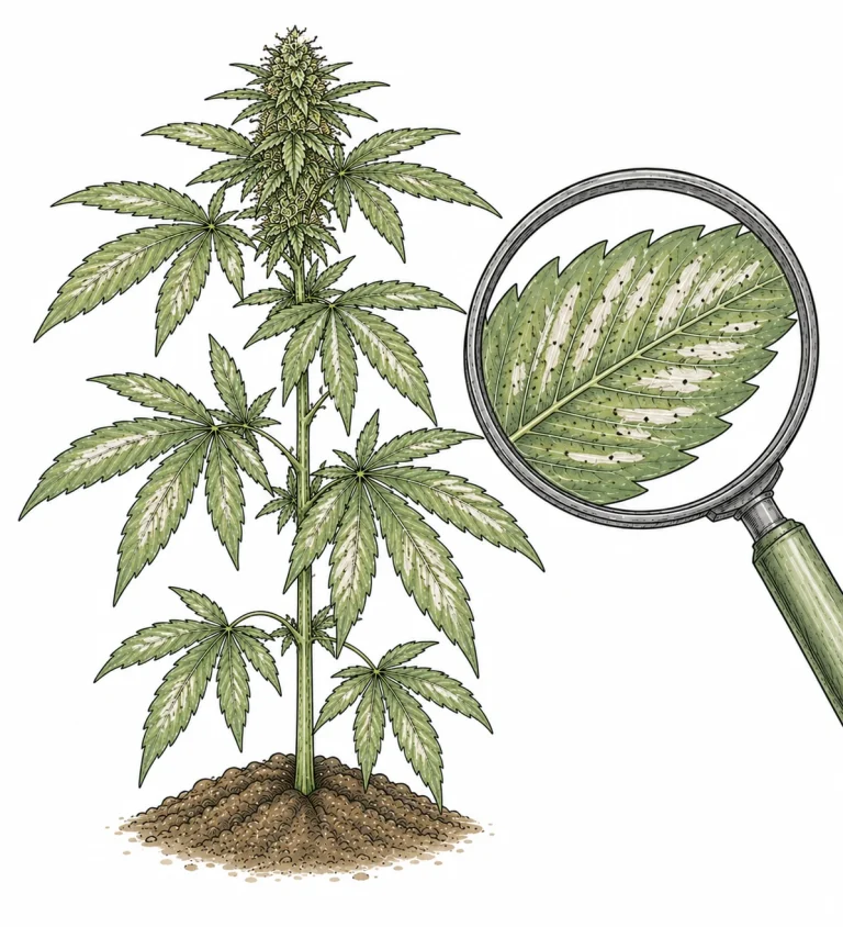 Thripse Cannabis – silbrige Schabspuren und schwarze Kotpunkte auf Blatt