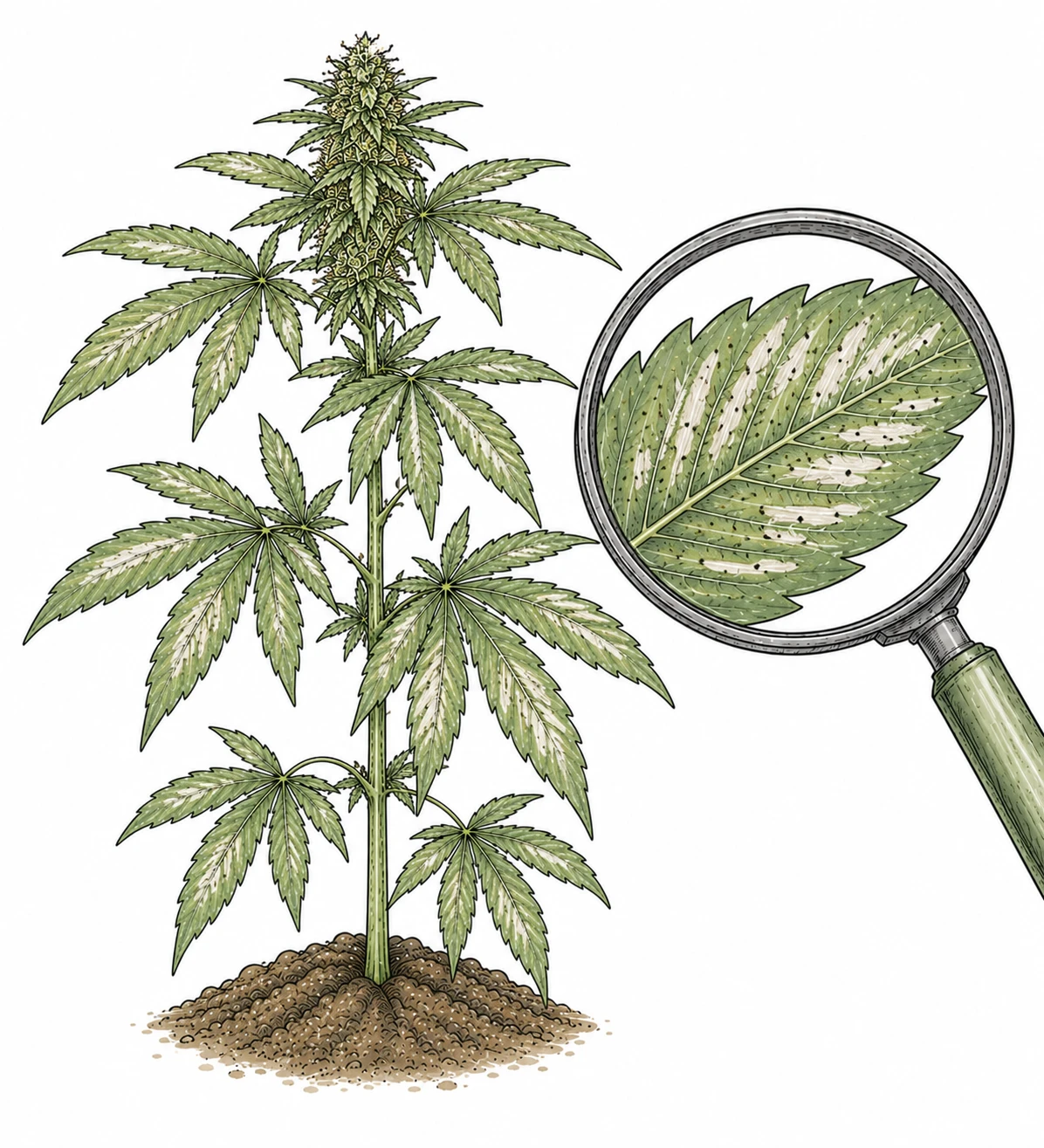 Thripse Cannabis – silbrige Schabspuren und schwarze Kotpunkte auf Blatt