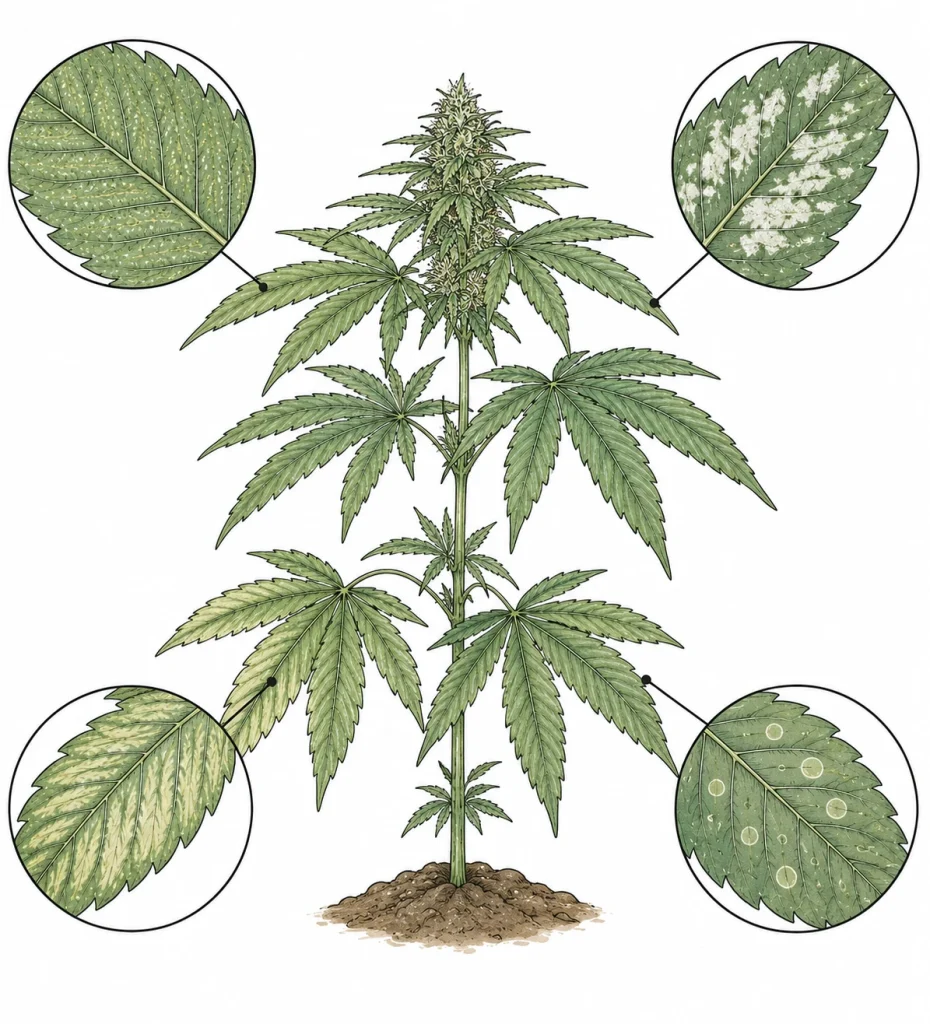 Cannabis weiße Punkte Blätter: vier Ursachen im Vergleich – Spinnmilben, Mehltau, Nährstoffmangel, Wasserflecken