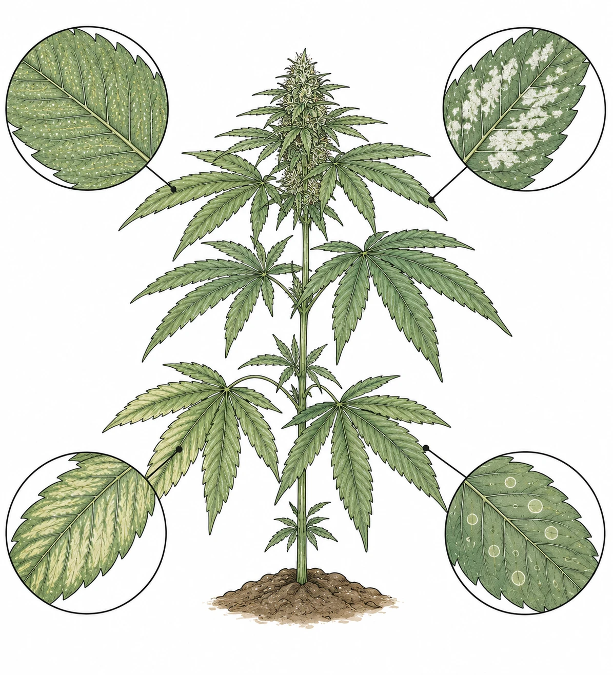 Cannabis weiße Punkte Blätter: vier Ursachen im Vergleich – Spinnmilben, Mehltau, Nährstoffmangel, Wasserflecken