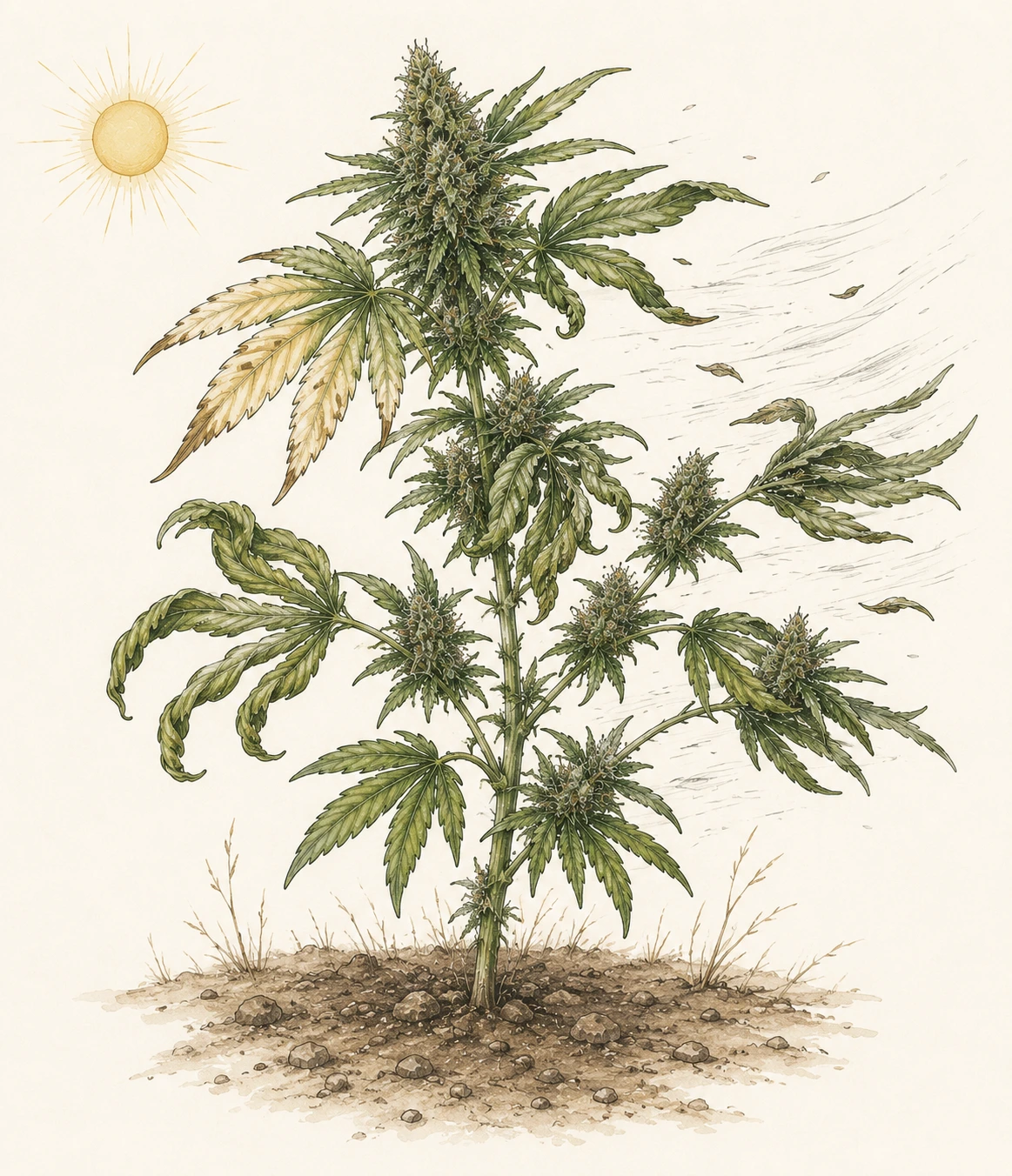 Outdoor-Cannabispflanze mit Sonnenbrand, eingerollten Blättern durch Hitze und windgeschädigten Ästen
