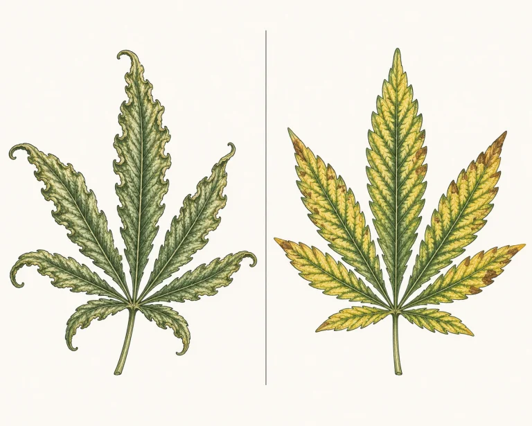 Vergleich von Cannabisblatt mit Windschäden und Cannabisblatt mit Nährstoffmangel zur Diagnose unterschiedlicher Symptommuster