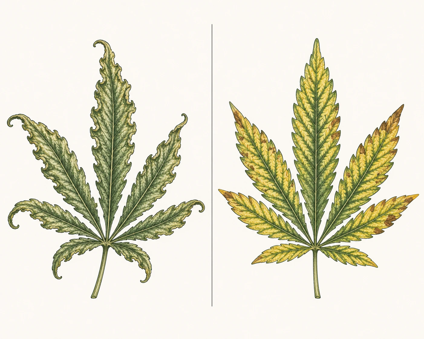 Vergleich von Cannabisblatt mit Windschäden und Cannabisblatt mit Nährstoffmangel zur Diagnose unterschiedlicher Symptommuster