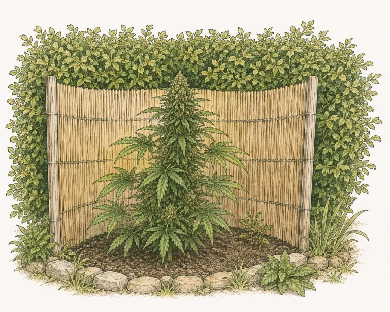 Cannabis Pflanze im Outdoor-Beet mit Schilfmatten als Windschutz und dichter Hecke im Hintergrund