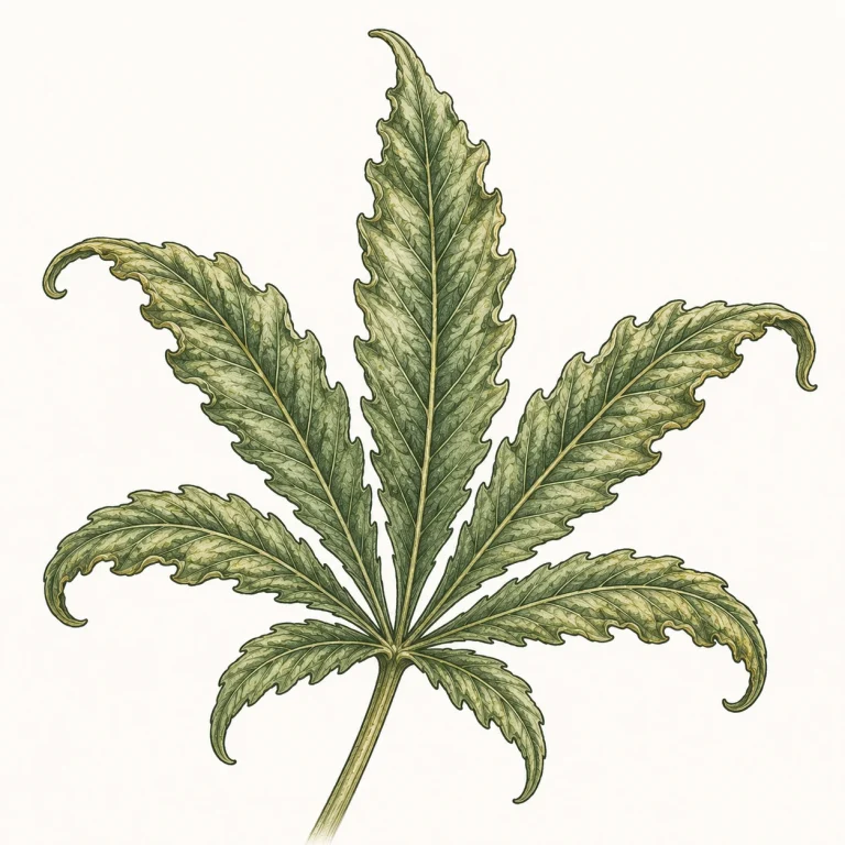 Nahaufnahme eines Cannabisblatts mit gewellten Rändern und leicht eingerollten Blattspitzen als Symptom von Windstress