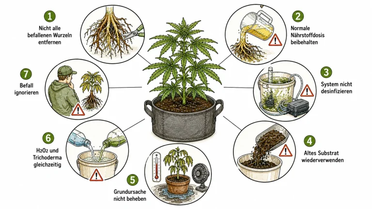 Die 7 häufigsten Fehler nach Wurzelfäule bei Cannabis: Infografik mit Cannabis-Pflanze im Topf und sieben nummerierten Fehlerszenen