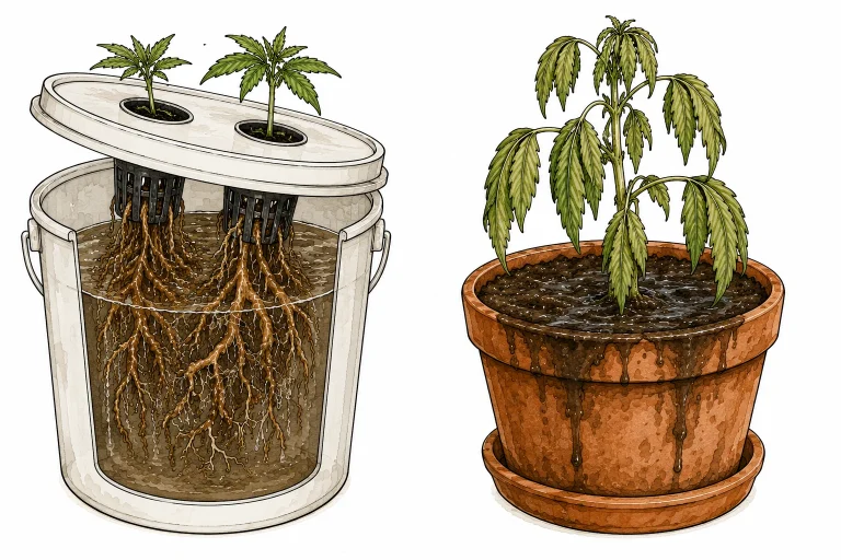 Cannabis Wurzelfäule erkennen im Hydro-System vs. Erde-Grow: links DWC-Eimer mit befallenen Wurzeln, rechts welkende Pflanze in zu nassem Substrat