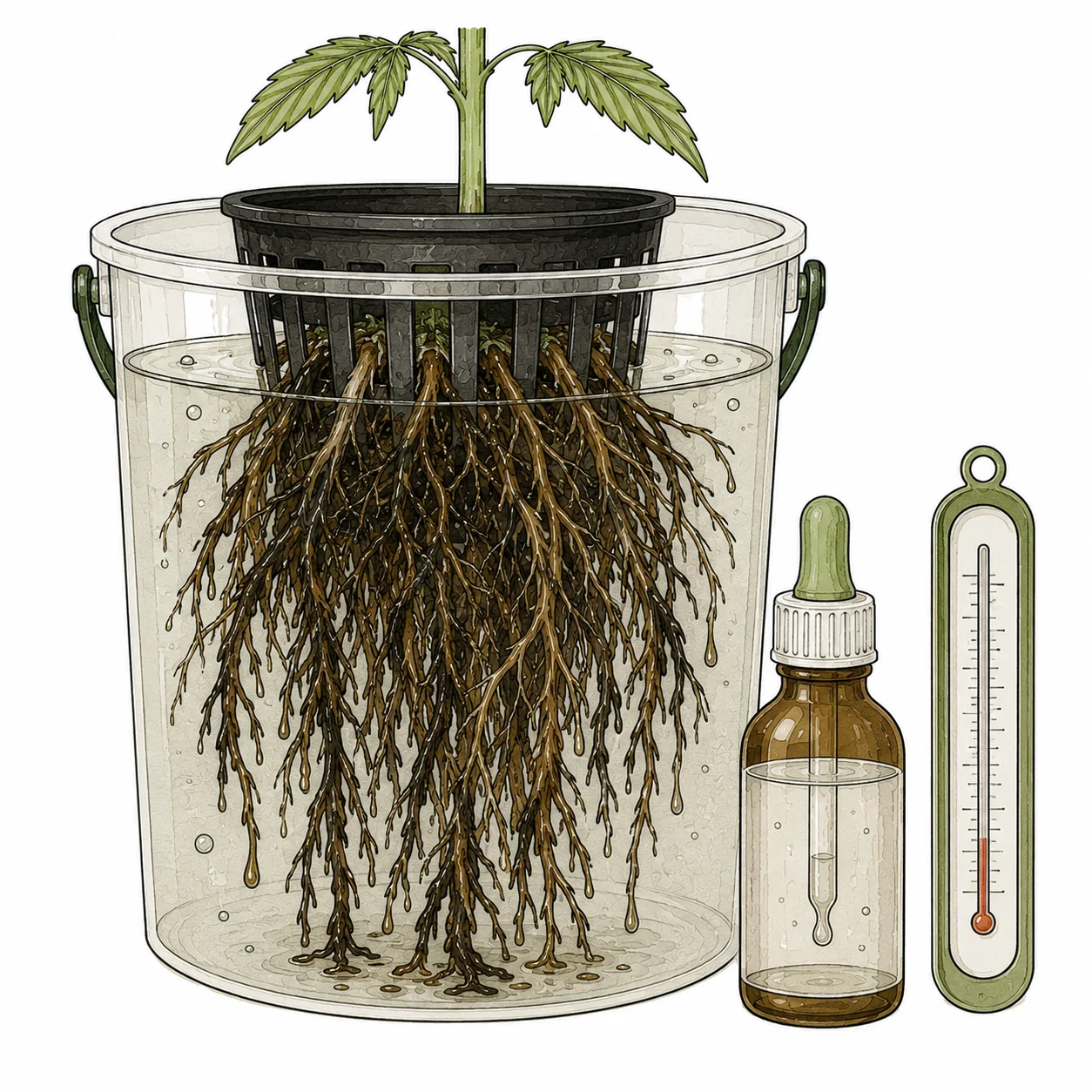 Cannabis Wurzelfäule erkennen: braune schleimige Wurzeln im Hydro-Eimer mit Wasserstoffperoxid