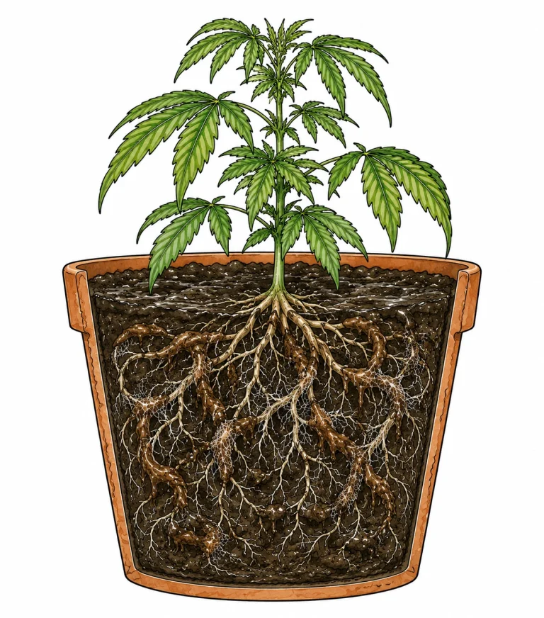 Cannabis Wurzelfäule erkennen: Querschnitt einer Cannabis-Pflanze im Topf mit gesundem und befallenem Wurzelsystem