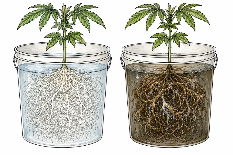 Cannabis Wurzelfäule erkennen: Vergleich gesunder weißer Wurzeln und braun-fauliger Wurzeln im DWC-Eimer