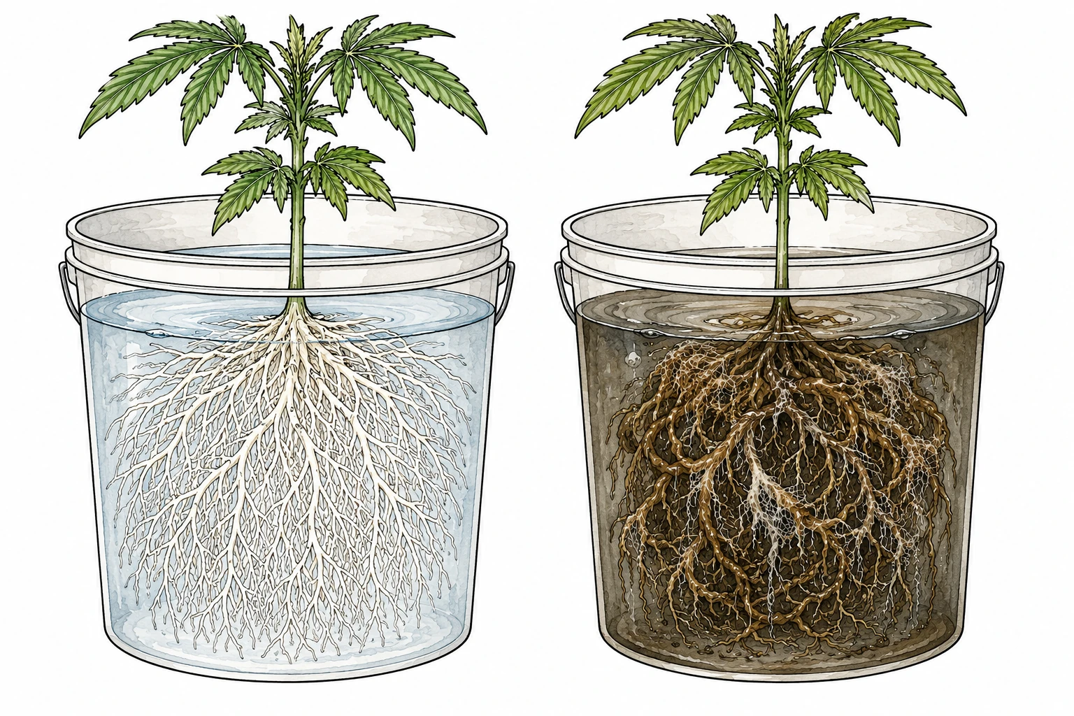 Cannabis Wurzelfäule erkennen: Vergleich gesunder weißer Wurzeln und braun-fauliger Wurzeln im DWC-Eimer