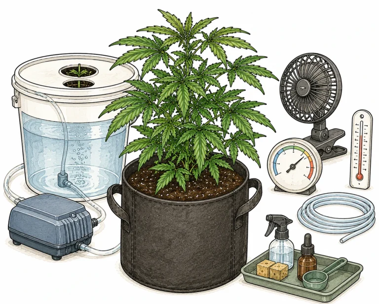 Cannabis Wurzelfäule vorbeugen: sauberes Grow-Setup mit DWC-System, Luftpumpe, Hygrometer, Thermometer und gesunder Cannabis-Pflanze