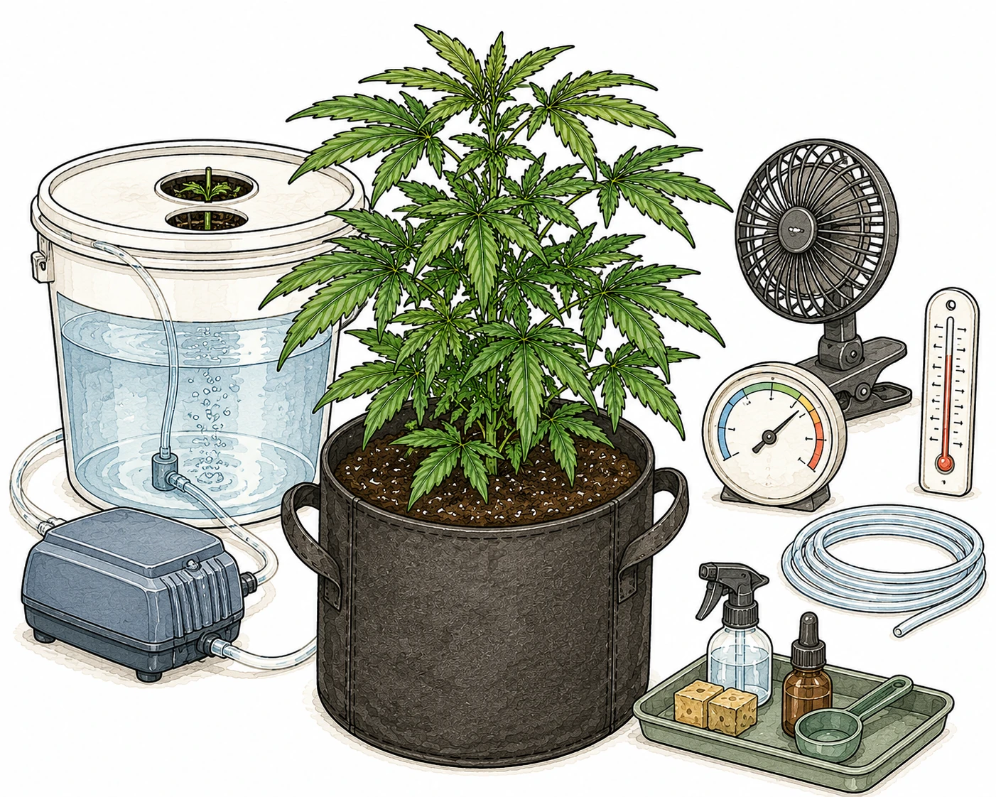 Cannabis Wurzelfäule vorbeugen: sauberes Grow-Setup mit DWC-System, Luftpumpe, Hygrometer, Thermometer und gesunder Cannabis-Pflanze