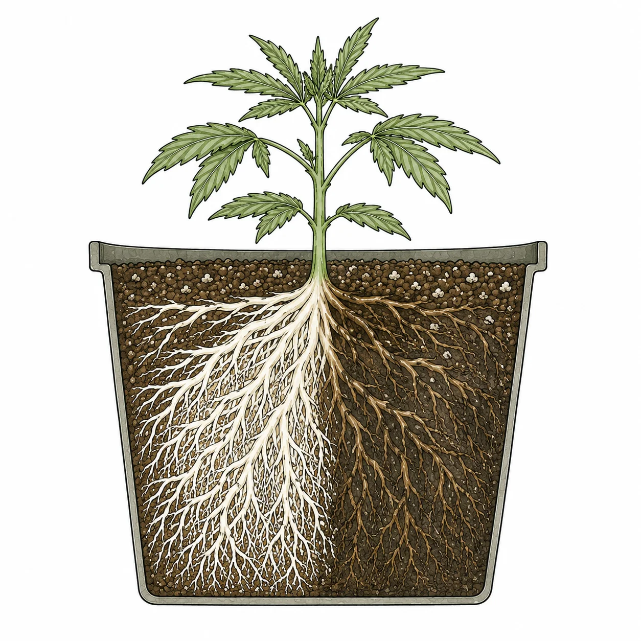 Cannabis Wurzelprobleme erkennen: Querschnitt mit gesunden und geschädigten Wurzeln