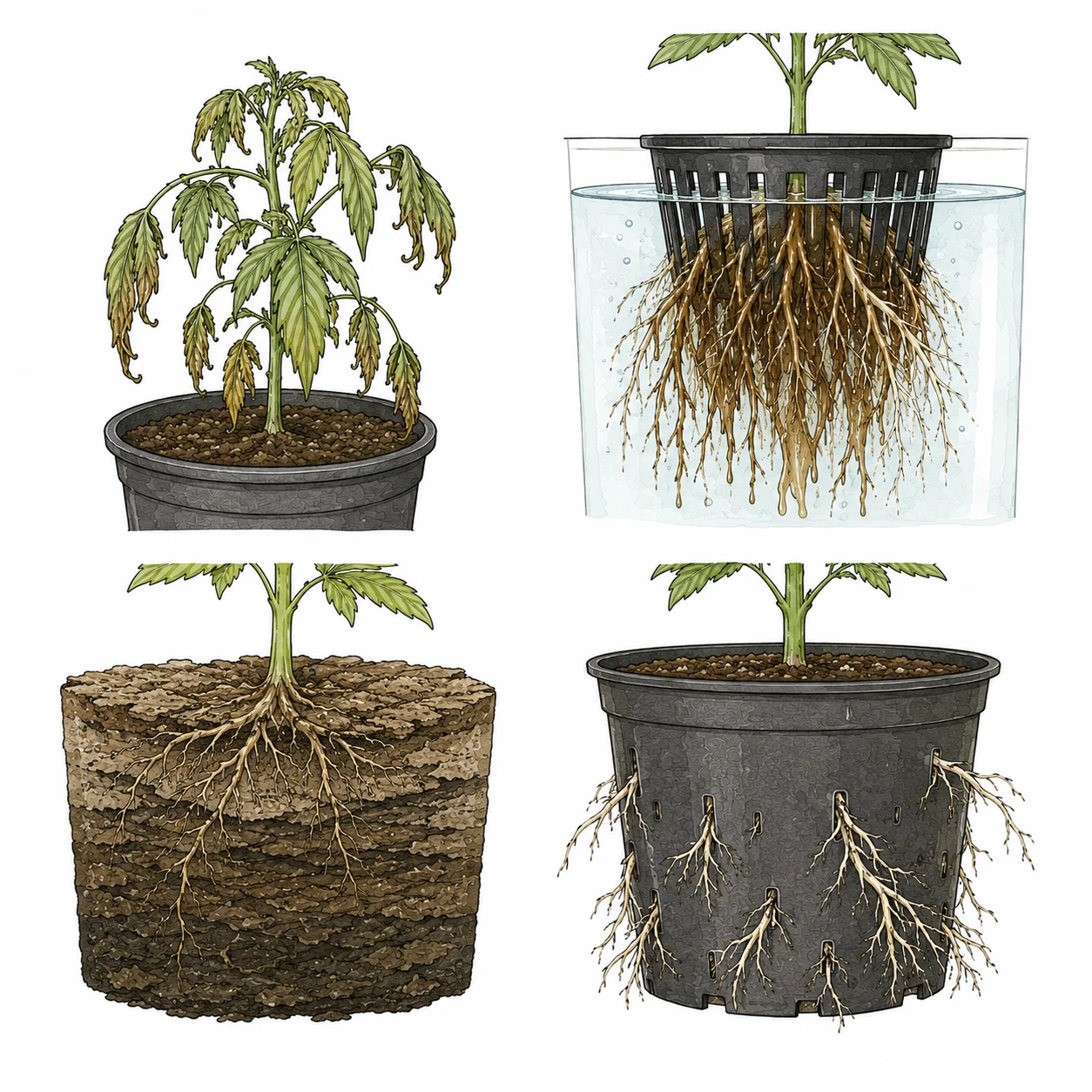 Cannabis Wurzelprobleme Symptome: Collage aus Welken, Wurzelfäule, verdichtetem Substrat und Root Bound