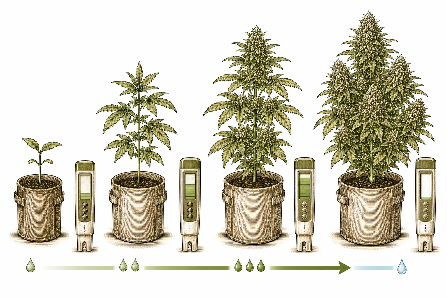 EC-Wert Cannabis Tabelle Wachstumsphasen Keimling bis Flush