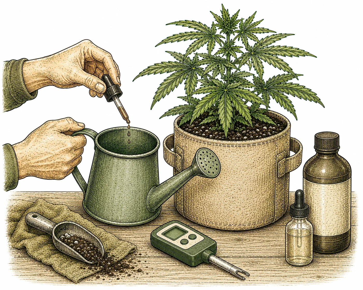 Grower behandelt Eisenmangel Cannabis mit Chelat-Lösung und pH-Meter