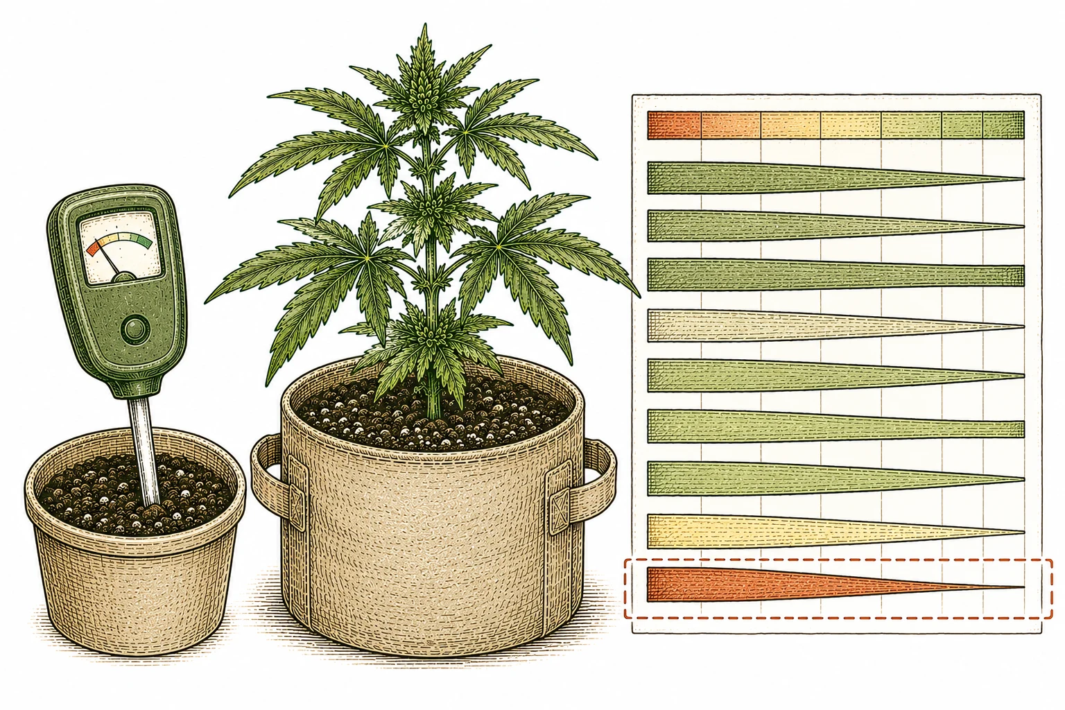 pH-Messgerät neben Cannabis-Pflanze und Diagramm zur pH-abhängigen Eisenverfügbarkeit