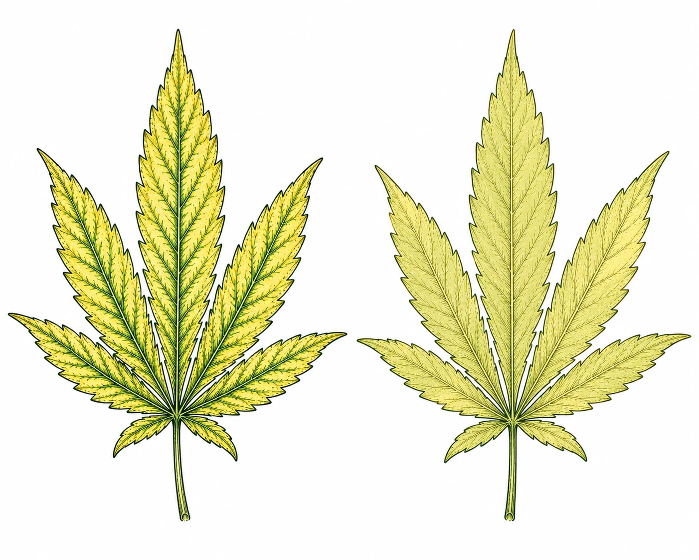 Vergleich Eisenmangel Cannabis vs. Stickstoffmangel — unterschiedliche Vergilbungsmuster