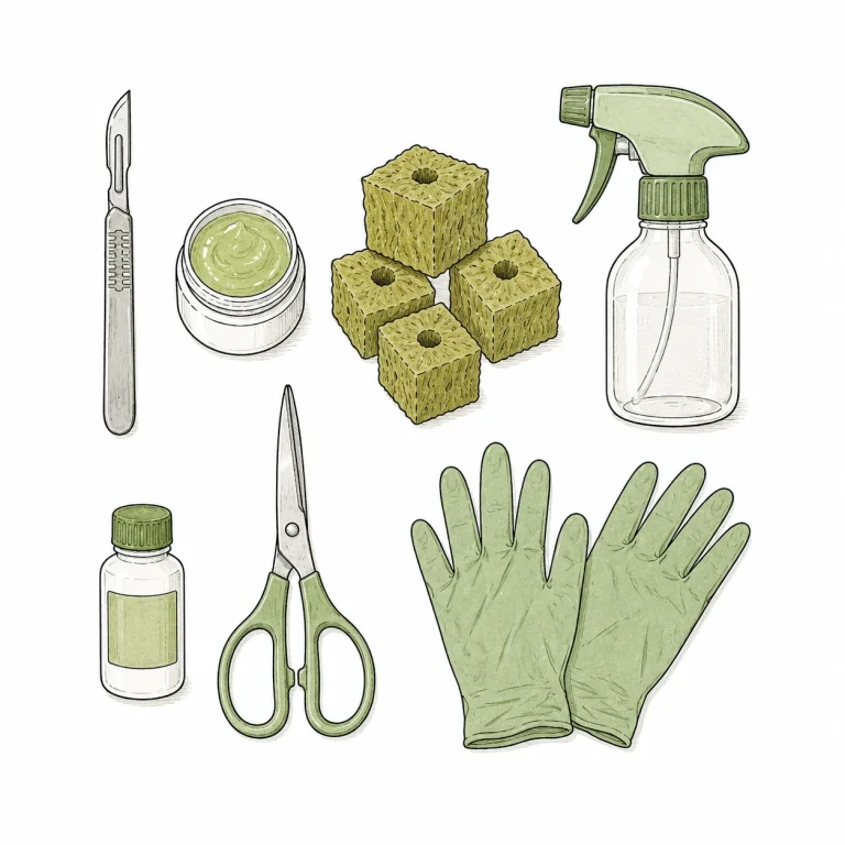 Flatlay aller benötigten Materialien zum Stecklinge schneiden: Skalpell, Bewurzelungsgel, Steinwollwürfel, Sprühflasche, Schere und Handschuhe