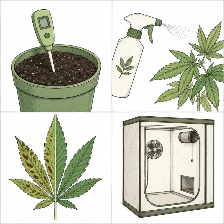 Cannabis Blätter Flecken behandeln — pH-Messung, Neem-Öl, Vorher-Nachher-Vergleich, Growzelt