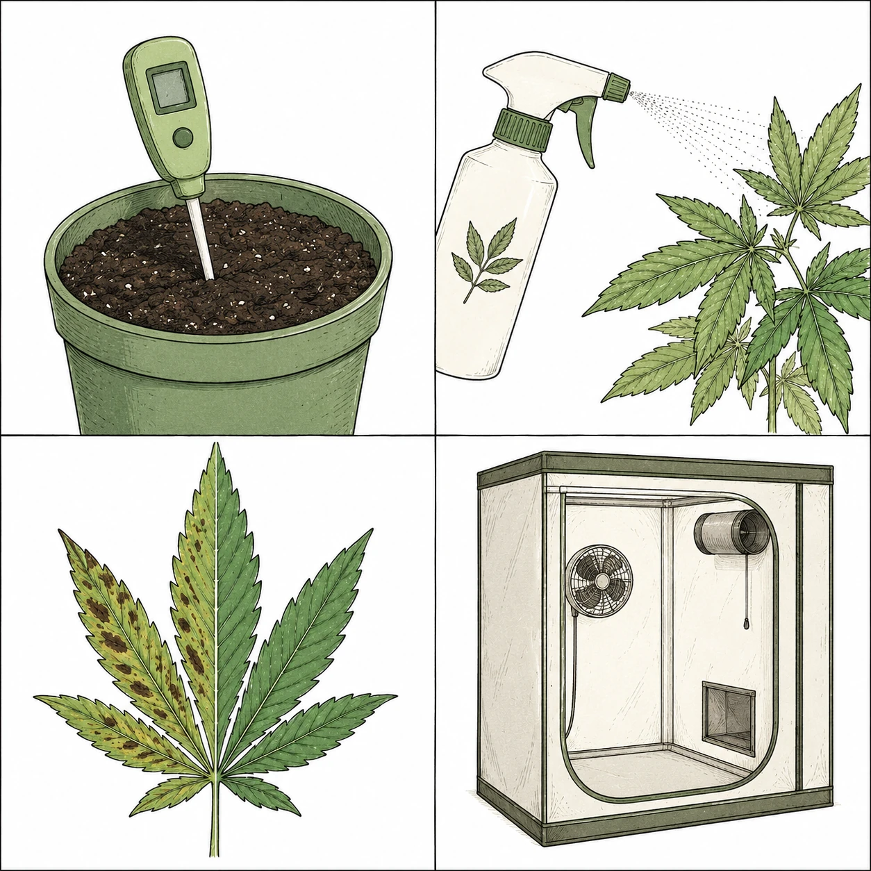 Cannabis Blätter Flecken behandeln — pH-Messung, Neem-Öl, Vorher-Nachher-Vergleich, Growzelt