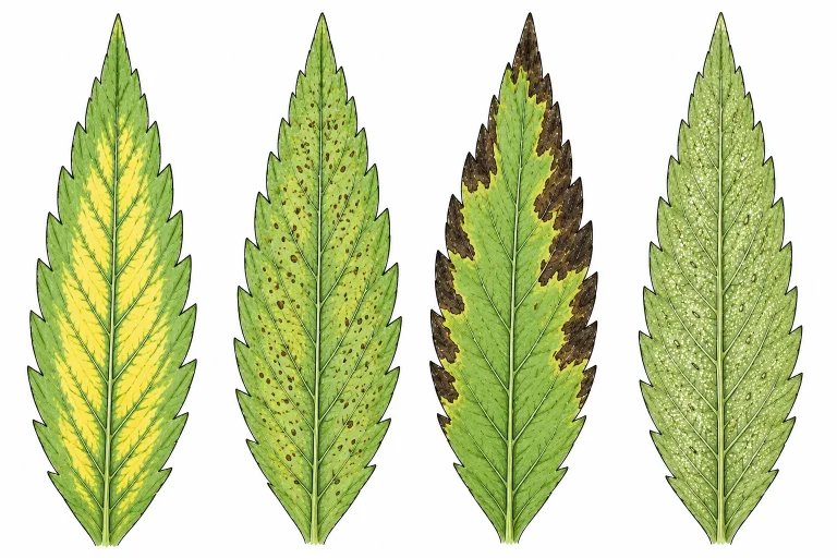 fleckige Cannabis Blätter vier Typen im Vergleich