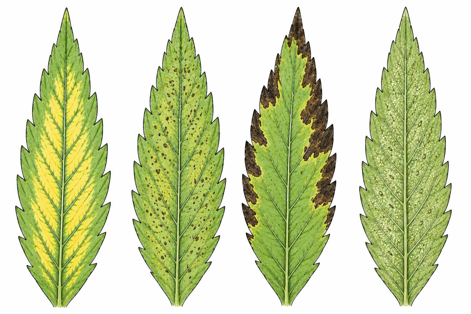 fleckige Cannabis Blätter vier Typen im Vergleich