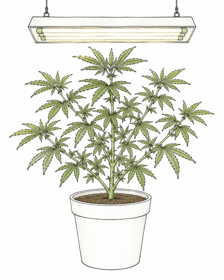 Gesunde, buschig verzweigte Cannabis Mutterpflanze in einem Topf unter einer Pflanzenleuchte mit vielen potenziellen Steckling-Trieben