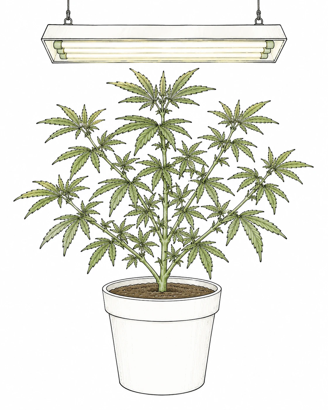 Gesunde, buschig verzweigte Cannabis Mutterpflanze in einem Topf unter einer Pflanzenleuchte mit vielen potenziellen Steckling-Trieben