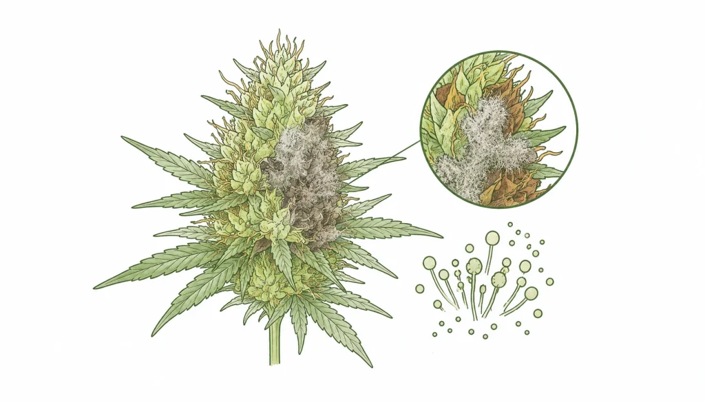 Grauschimmel Cannabis Botrytis erkennen – befallene Blüte mit grauem Schimmelbelag