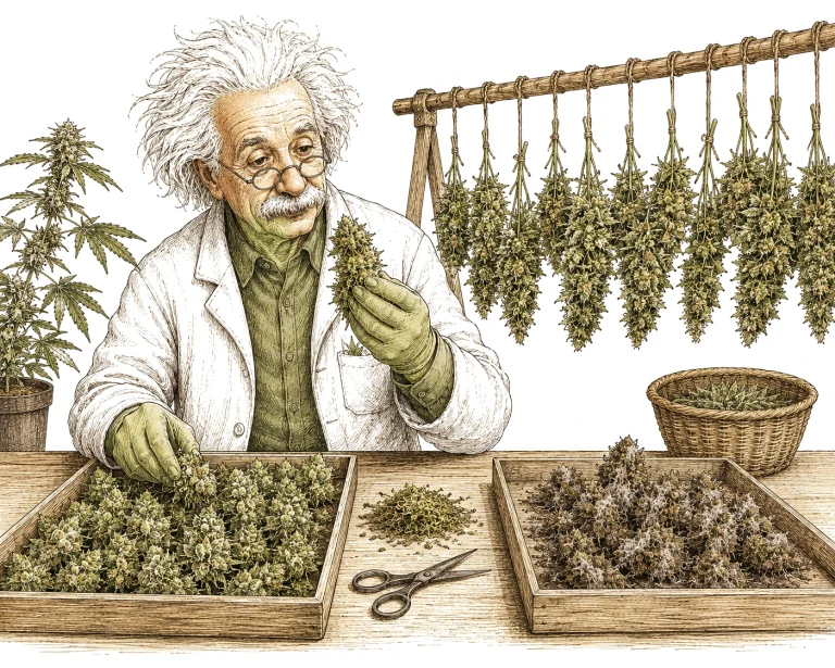 Grower sortiert Cannabis-Buds nach der Ernte, befallene Bereiche werden entfernt
