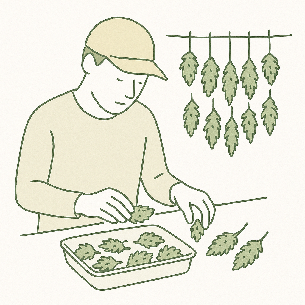 Grower sortiert Cannabis-Buds nach der Ernte, befallene Bereiche werden entfernt