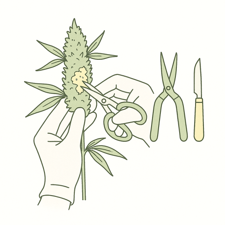 Grower schneidet Botrytis-befallene Bereiche aus Cannabis-Blüte heraus