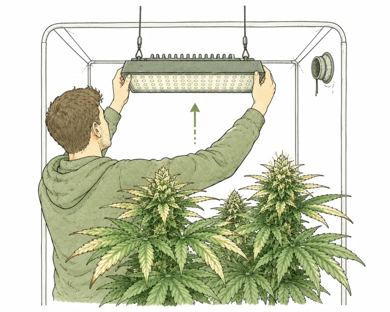 Grower hebt LED-Lampe im Grow-Zelt höher um Lichtverbrennung an Cannabis-Pflanzen zu vermeiden