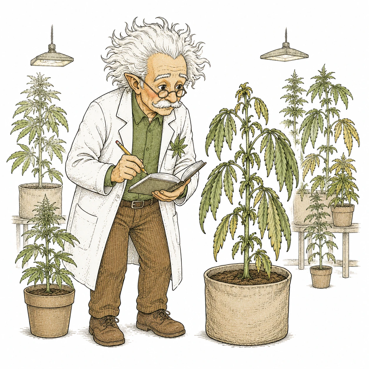 Plantage Doc untersucht Cannabis Pflanze mit haengenden Blaettern