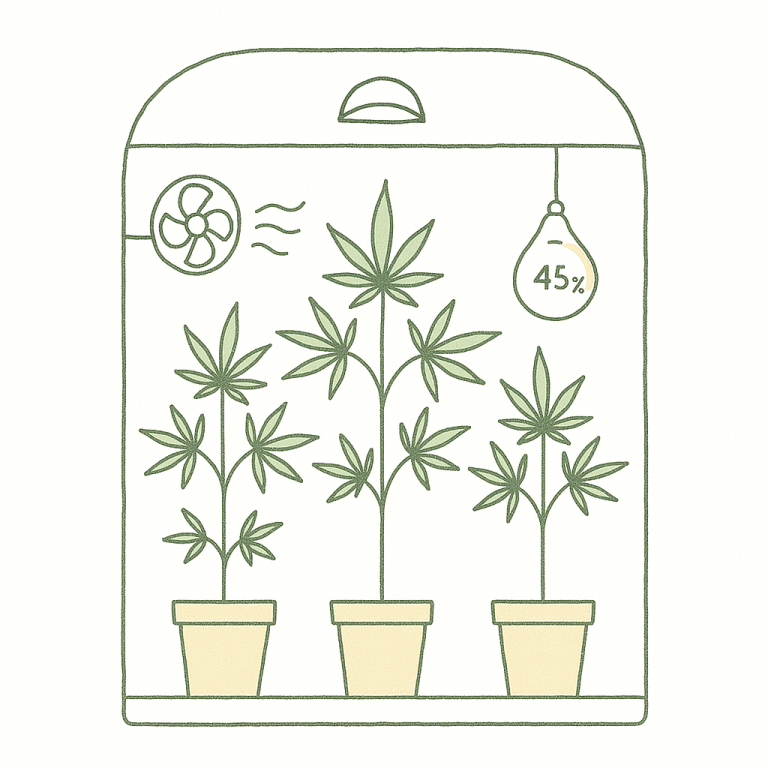 Gut belüftetes Cannabis-Growzelt mit Ventilatoren und Hygrometer bei 45 Prozent