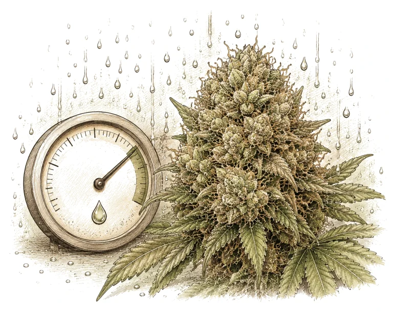 Infografik Risikofaktoren Botrytis-Befall Cannabis: Luftfeuchtigkeit, Temperatur, dichte Blüten