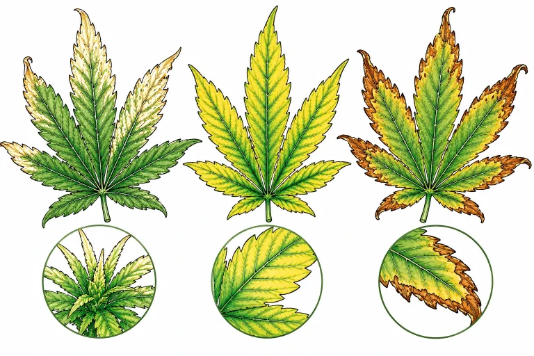 Infografik: Cannabis-Blätter im Vergleich – Lichtverbrennung, Stickstoffmangel und Kaliummangel