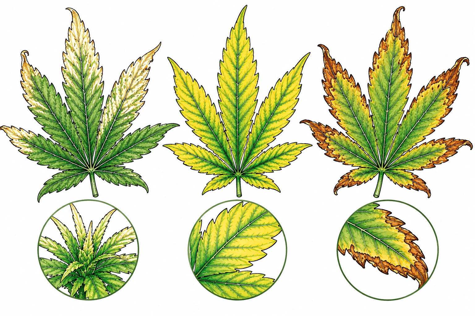 Infografik: Cannabis-Blätter im Vergleich – Lichtverbrennung, Stickstoffmangel und Kaliummangel